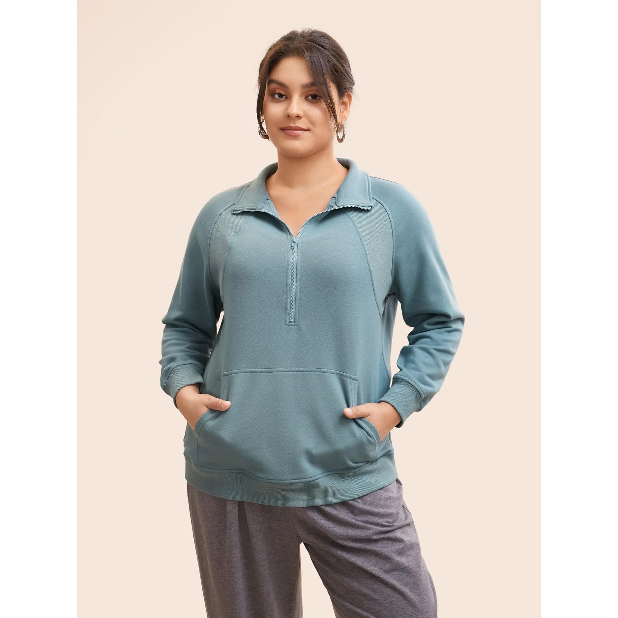 【Full Range of Motion】Bloomchic Textured Half Zip Patchwork Sweatshirt Hoodie Fit ,Summerfinds Fit Womenswear Fabric,Summerfinds