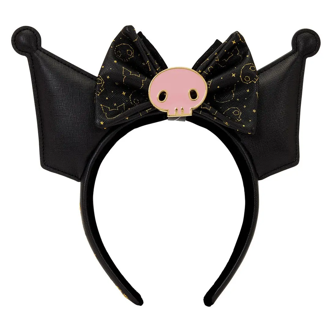 Sanrio Kuromi 20th Anniversary Bowknot Headband for Girls - Faux Leather 3D Ears, Removable Satin Bow, Skull Charm, Bowed Headwrap Headband, Bowknot Headbands, Bowed Headwrap Headbands