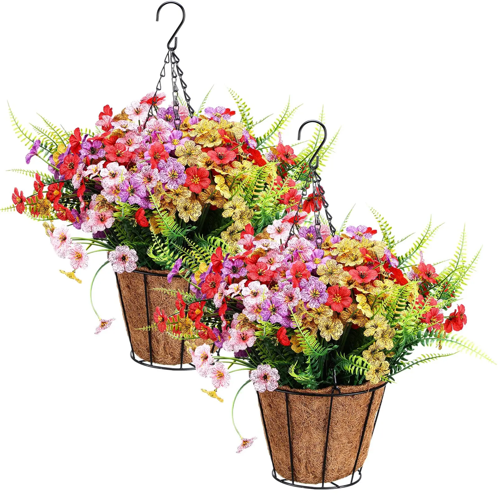 2Pcs Silk UV-Resistant Hanging Fake Flower Arrangements with Natural-Look Baskets, Outdoor Decor for Front Porch, Indoor Home Patio Garden Planter Accents