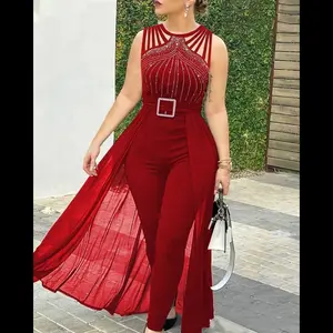 Black sleeveless tie-strap rhinestone design waist-hugging mesh mop jumpsuit