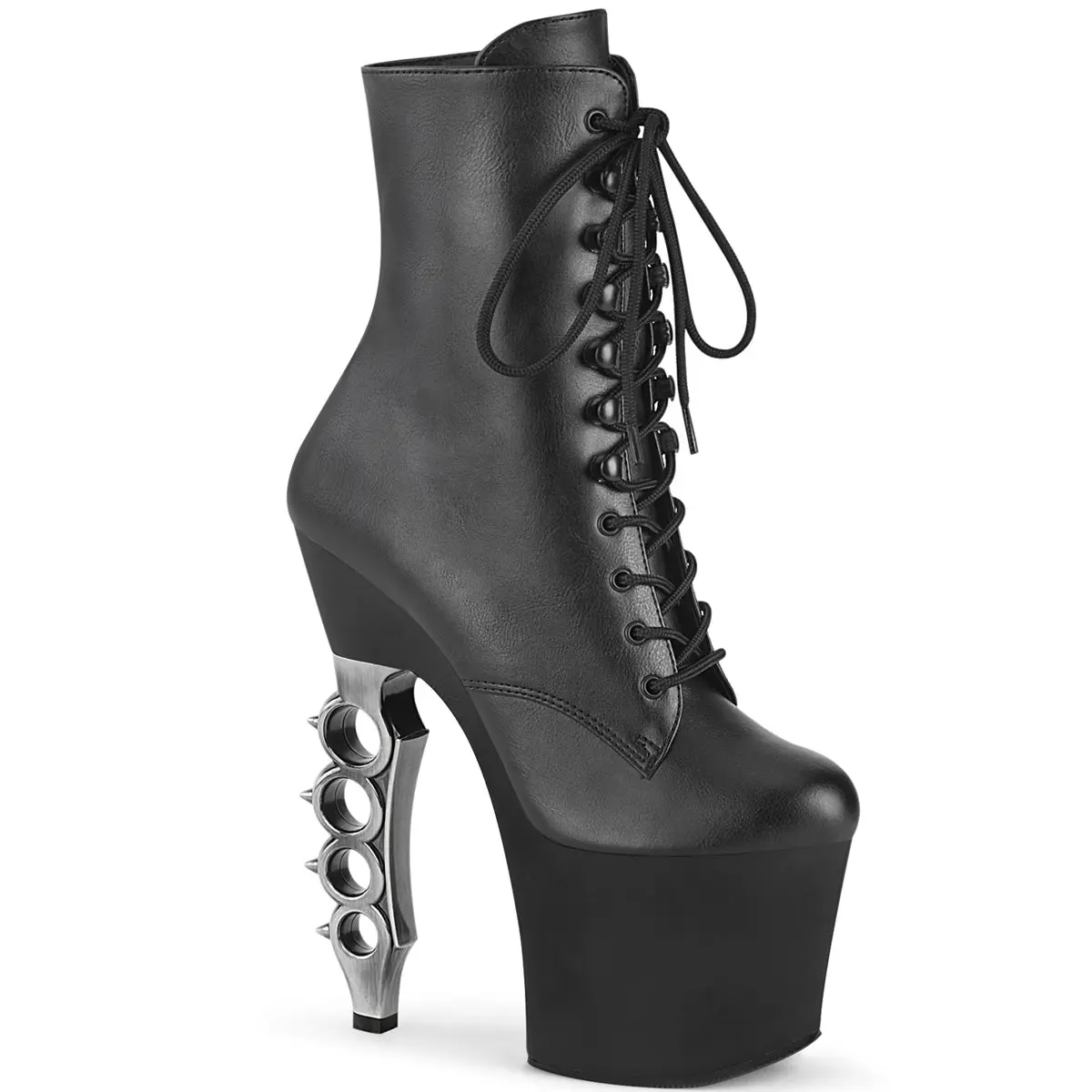 Pleaser Irongrip-1020 Women's Gothic Platform Ankle Boot in Vegan Leather with 7" Chrome Brass Knuckles Heel, Lace-Up Alternative Style Shoe, Gothic Style, Statement Shoes, Vegan Leather Edge