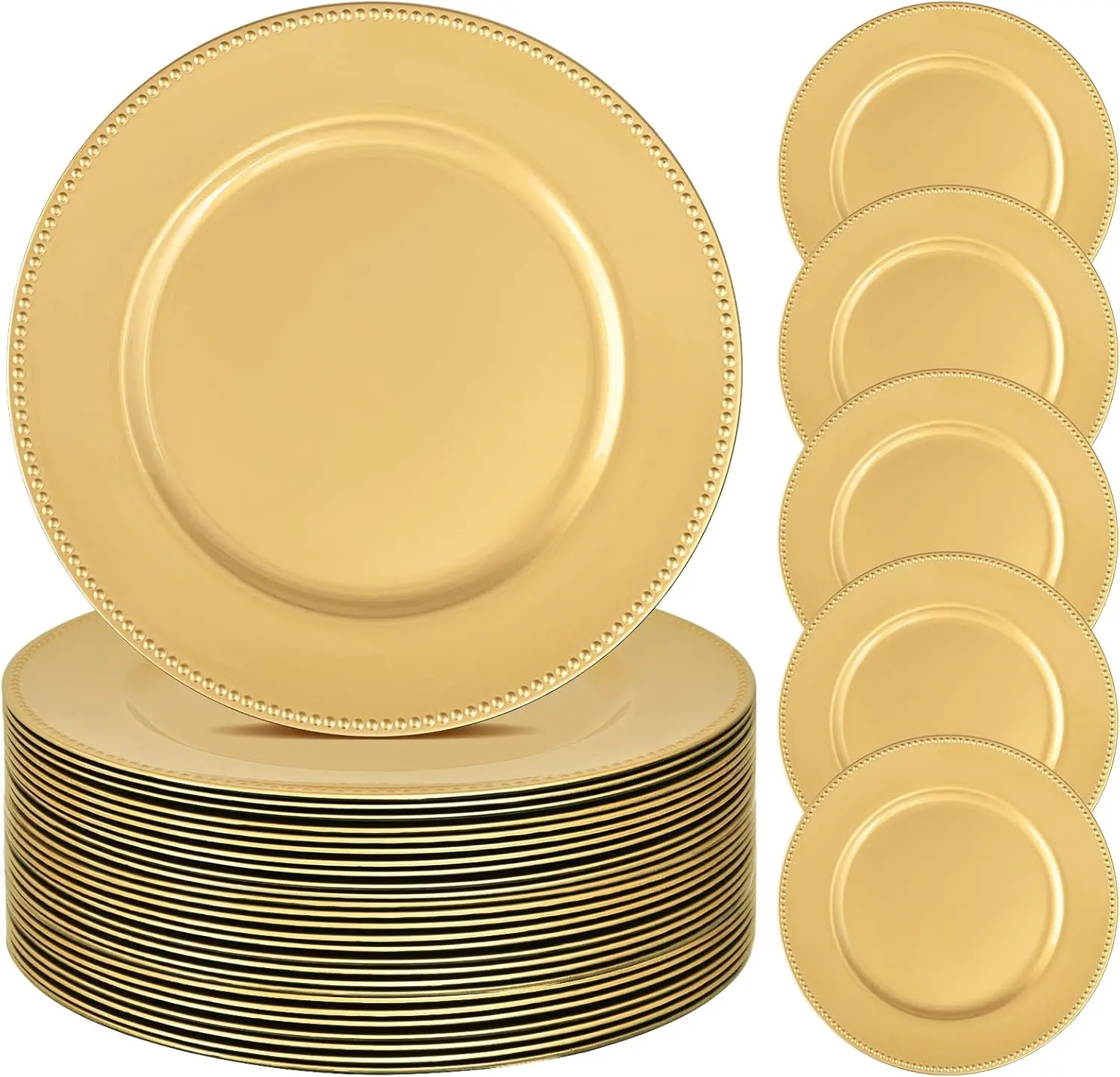 REWOMC 24 Pcs 13" Round Beaded Plate Chargers Gold Color Plastic Table Decor for Wedding Party Baby Shower Event Elegant Dinnerware Base Mother’s Day