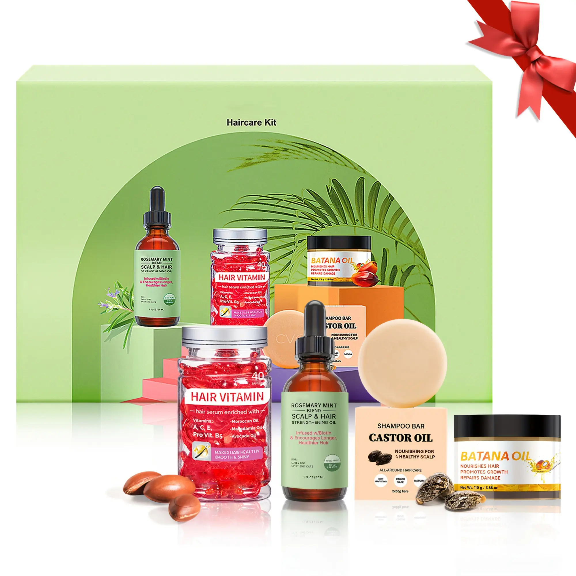 Hair Care Gift Set with Batana Oil, Rosemary Mint Scalp Oil, Castor Oil Shampoo Bar & Hair Vitamins | 4-in-1 Hydrating & Strengthening Kit for All Hair Types | TSA-Friendly Travel Sizes | Repair Frizz & Support Growth | Ideal Beauty Gift for Women & Men
