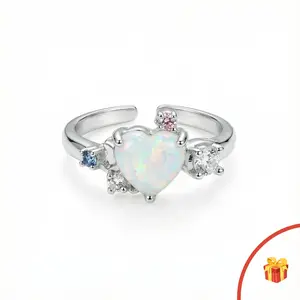 Adjustable Heart Opal Ring for Women, Unique Design Dainty Multi-Stone Jewelry, Cute Valentine’s & Mother’s Day Gift