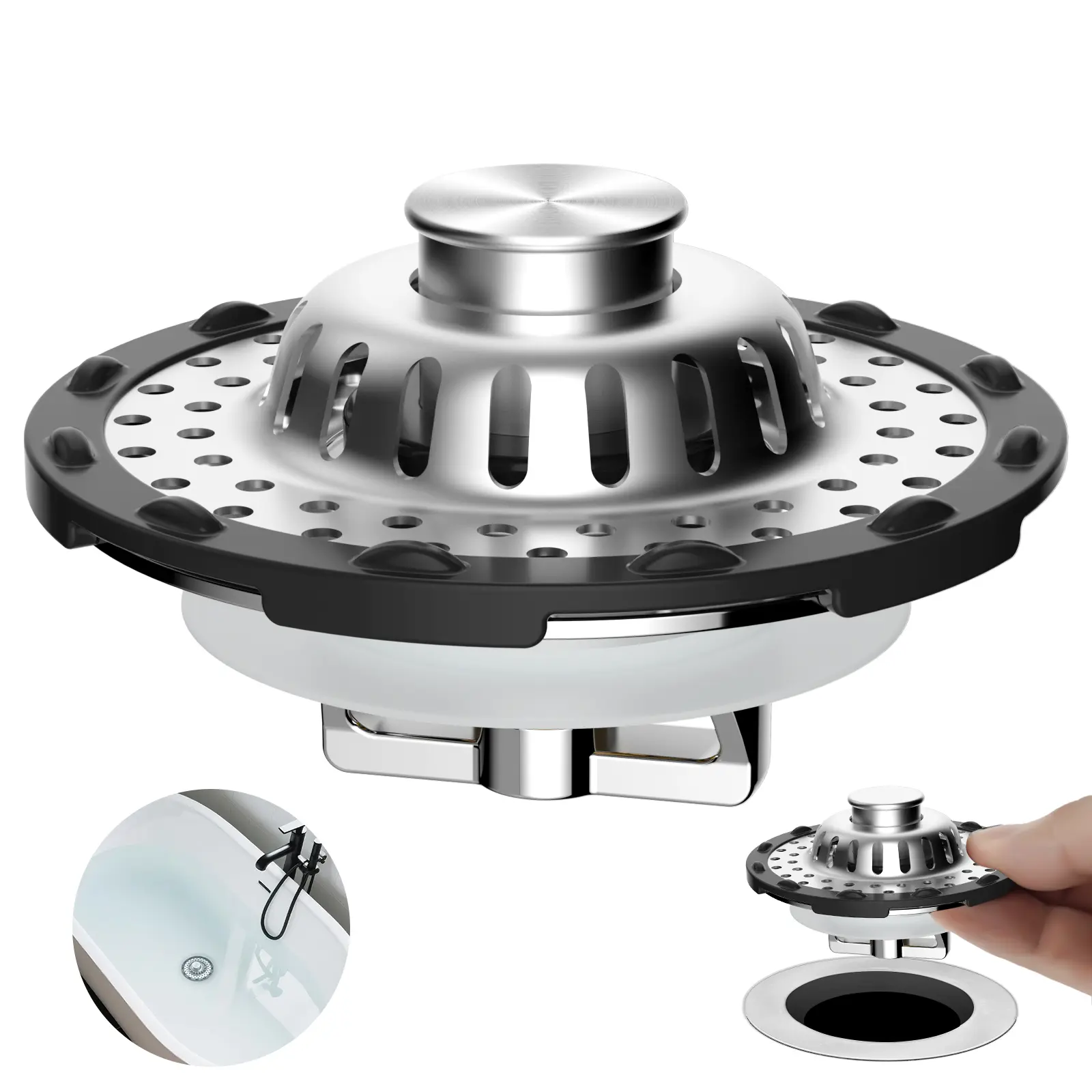 Hibbent Chrome 3-in-1 Pop-up Bathtub Drain Stopper, Bathroom Fixture Accessory with Visible Top Hair Catcher, Detachable Stainless Steel Filter Basket, Fits 1.5-2.4in Standard Drain Holes,home essentials