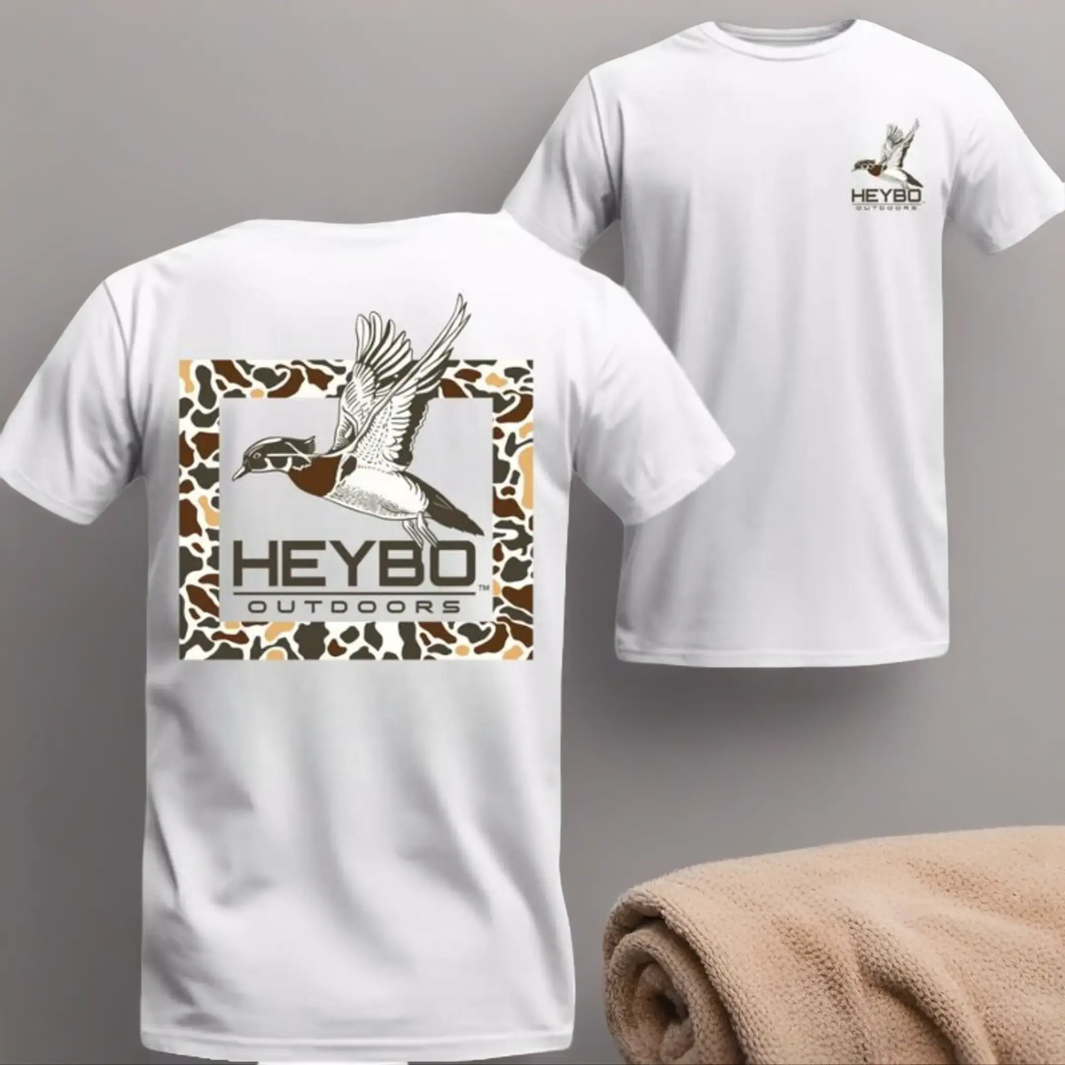 Heybo Outdoors Men's Comfort Cotton Short-Sleeve Camo Duck T-Shirt - Flying Mallard Graphic, Round Neck Classic Neck, Casual Top for Waterfowl Hunters, Sporty Comfortable Fit, Shortsleeve, Hunting