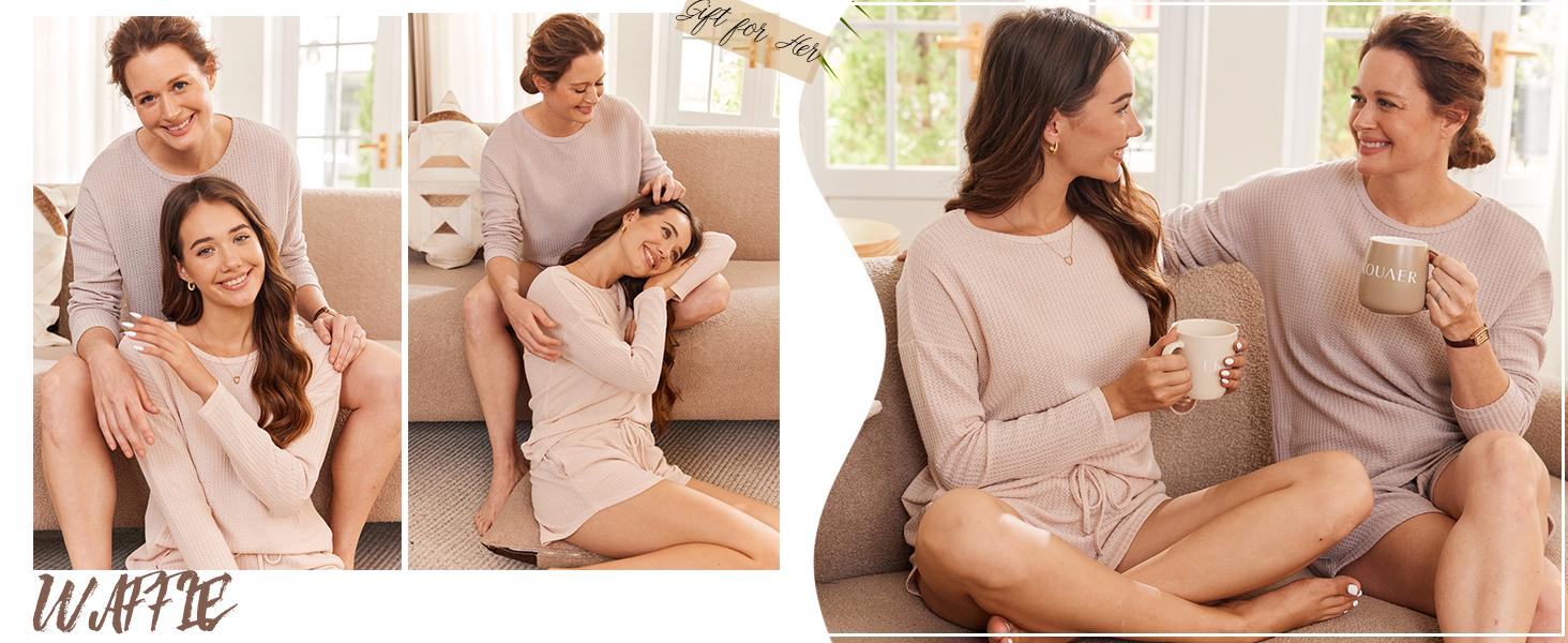 EKOUAER Womens Waffle Knit Sets Long Sleeve Top and Shorts Matching Lounge Set Loungewear Sweatsuit with Pockets EKOUAER Womens Waffle Knit Sets Long Sleeve Top and Shorts Matching Lounge Set Loungewear Sweatsuit with Pockets
