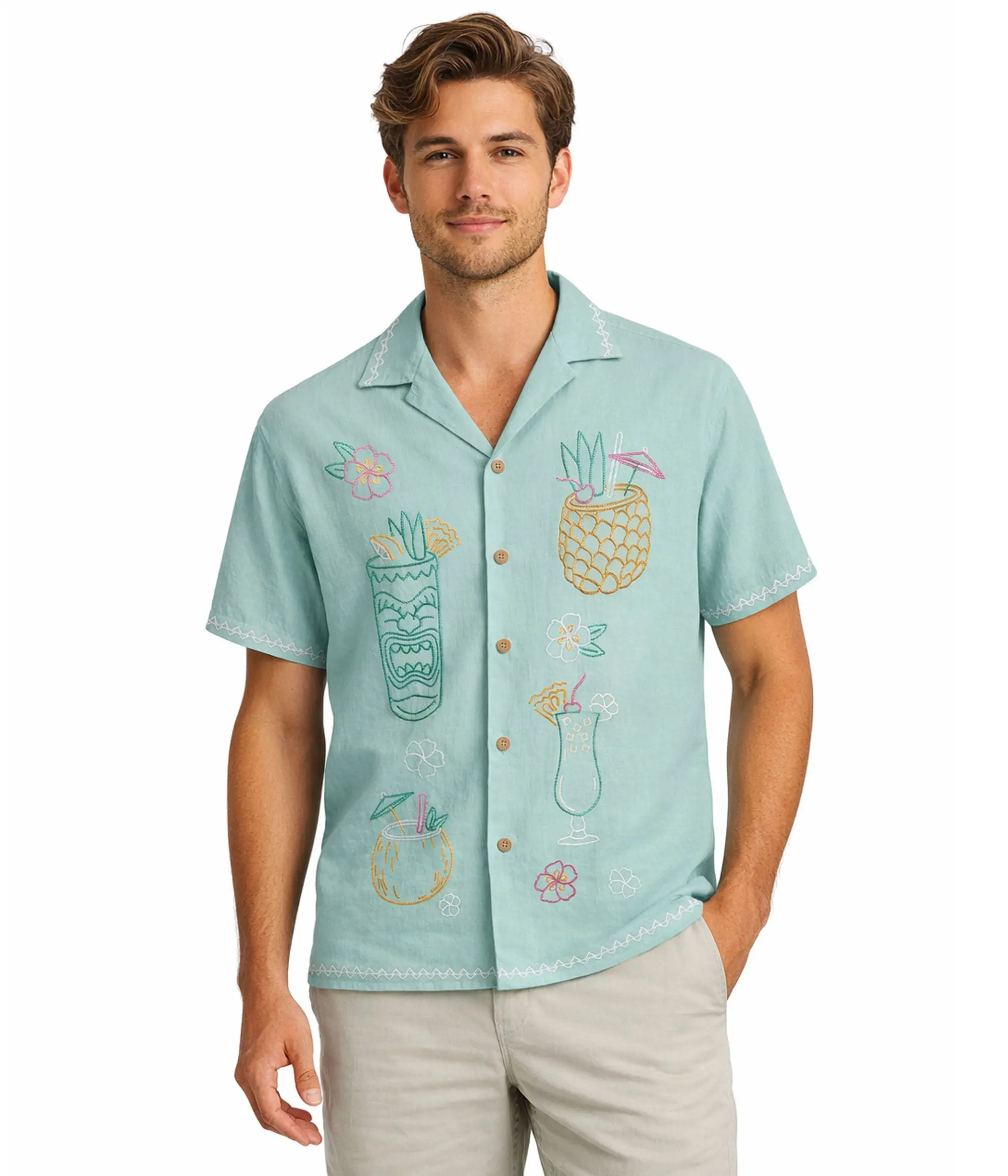 Men's Cabana Shirt with Tropical Embroidery, Breezy Linen Fabric Button-Up for Island Vacations, Casual Menswear, Embroidered