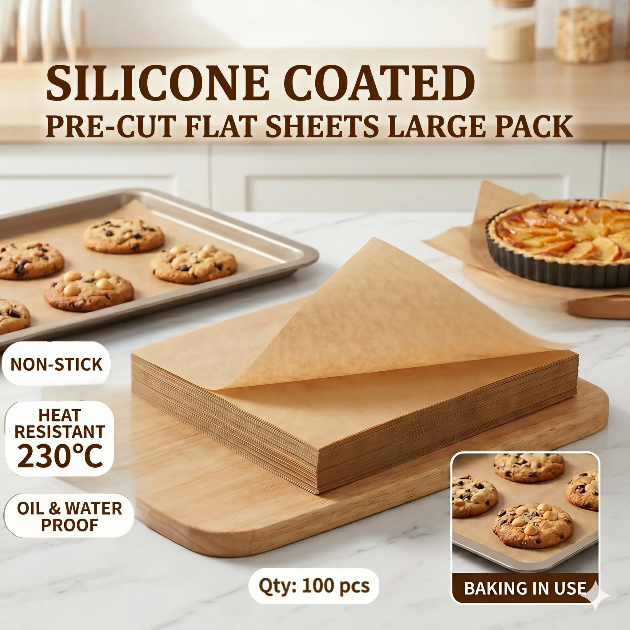 100 Pcs   Pre-Cut   Non stick Unbleached Brown Food-Grade Silicone-Coated Baking Parchment Paper (2 Sizes: 9×13in/23×33cm, 12×16in/30×40cm) -  Foldable Cuttable Bakeware Supplies, Oven-Safe, With 2 Wooden Baking Utensils, Suitable For All Seasons