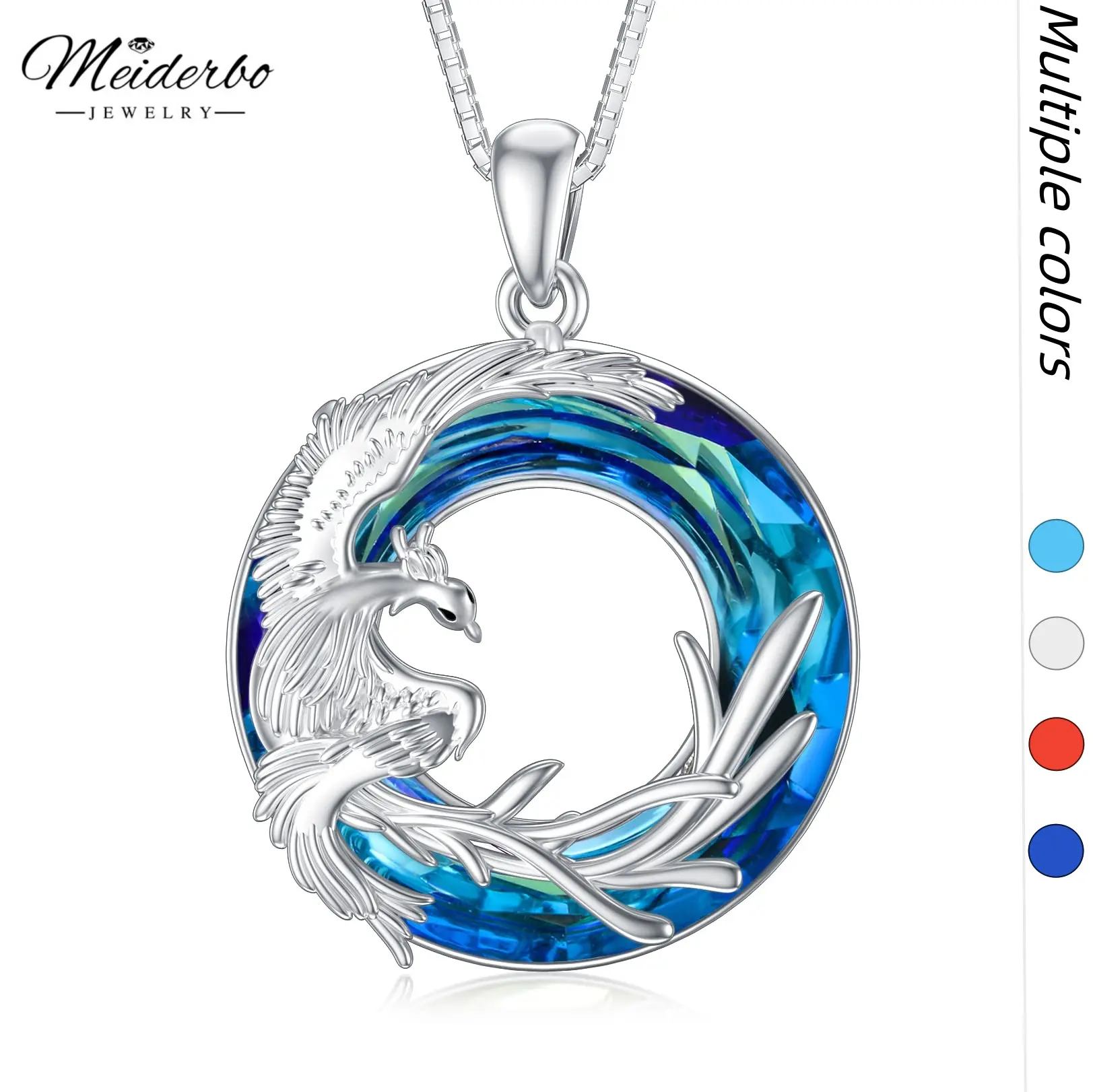 MEIDERBO S925 Sterling Silver Phoenix Motif Blue Crystal Pendant Necklace - 2 Inch, Hypoallergenic, Immortality Symbol, Spiritual Jewelry, Adjustable Length, Everyday Accessory, Meaningful Gifts for Women (Birthday/Anniversary Token), Nickel & Lead Free