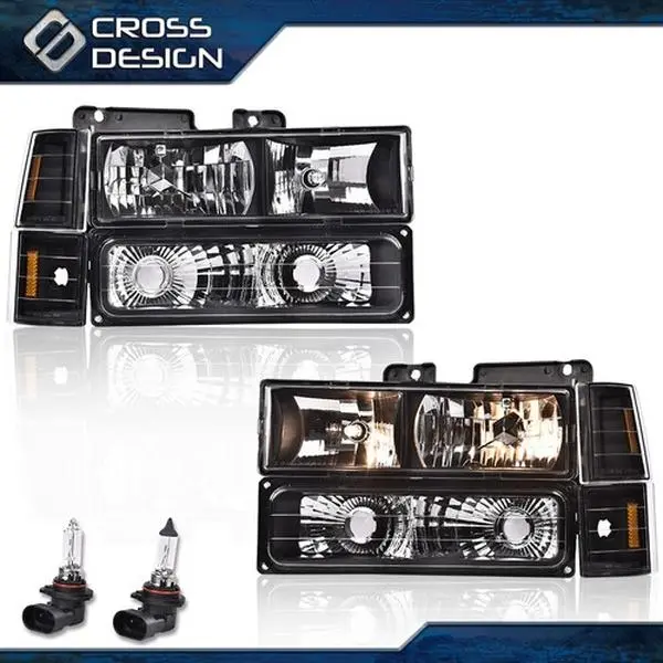 CROSSDESIGN HEADLIGHT BUMPER FIT FOR 94-00 GMC C10 C/K SUBURBAN BLACK  LAMP AMBER CORNER PAIR