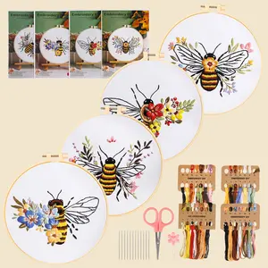 4 Count Bee Flower Embroidery Kit for Beginners-Cross Stitch Tools,Embroidery starter Stitching Kit,Gift for diy Crafts Beginners,Sewing SuppliesTool