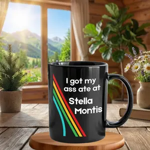 I Got My Ass Ate At Stella Montis 11oz Mug, Dark Humor Retro Rainbow Quote Design, Ceramic Coffee Cup, Funny Gag Gift for Adults