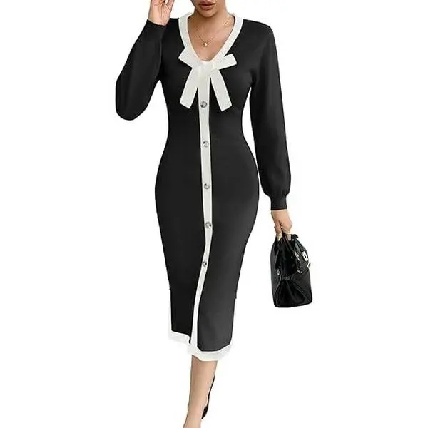 Wenrine Women‘s V Neck Sweater Dress Fall Long Sleeve Button Knit Bodycon Color Block Bow Tie Elegant Midi Dresses