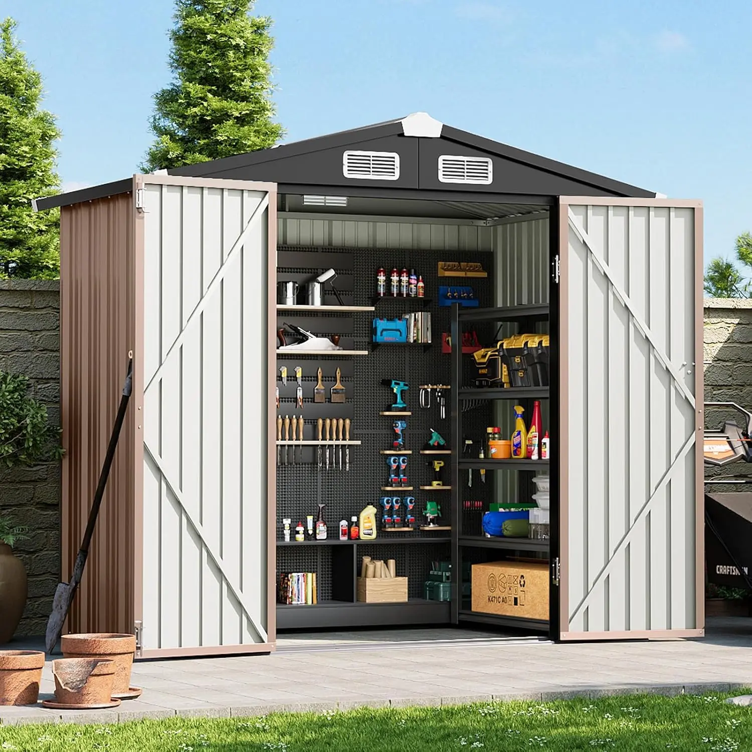 Aoxun Metal Garden Shed, Heavy-Duty Outdoor Storage Shed with Sloped Roof & Lockable Door, 200 x 188 x 123cm Weatherproof Utility Shed for Patio Lawn Backyard, Black