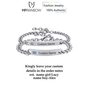 MP Custom Couple Bracelets Personalized Name Date Engraving ,Crystal Zirconia Non Tarnish Jewelry Adjustable Stainless Steel Hand Chain ,Daily Accessories for Men Women ,Valentine Gift for gf bf elegant popular high quality Matching Love