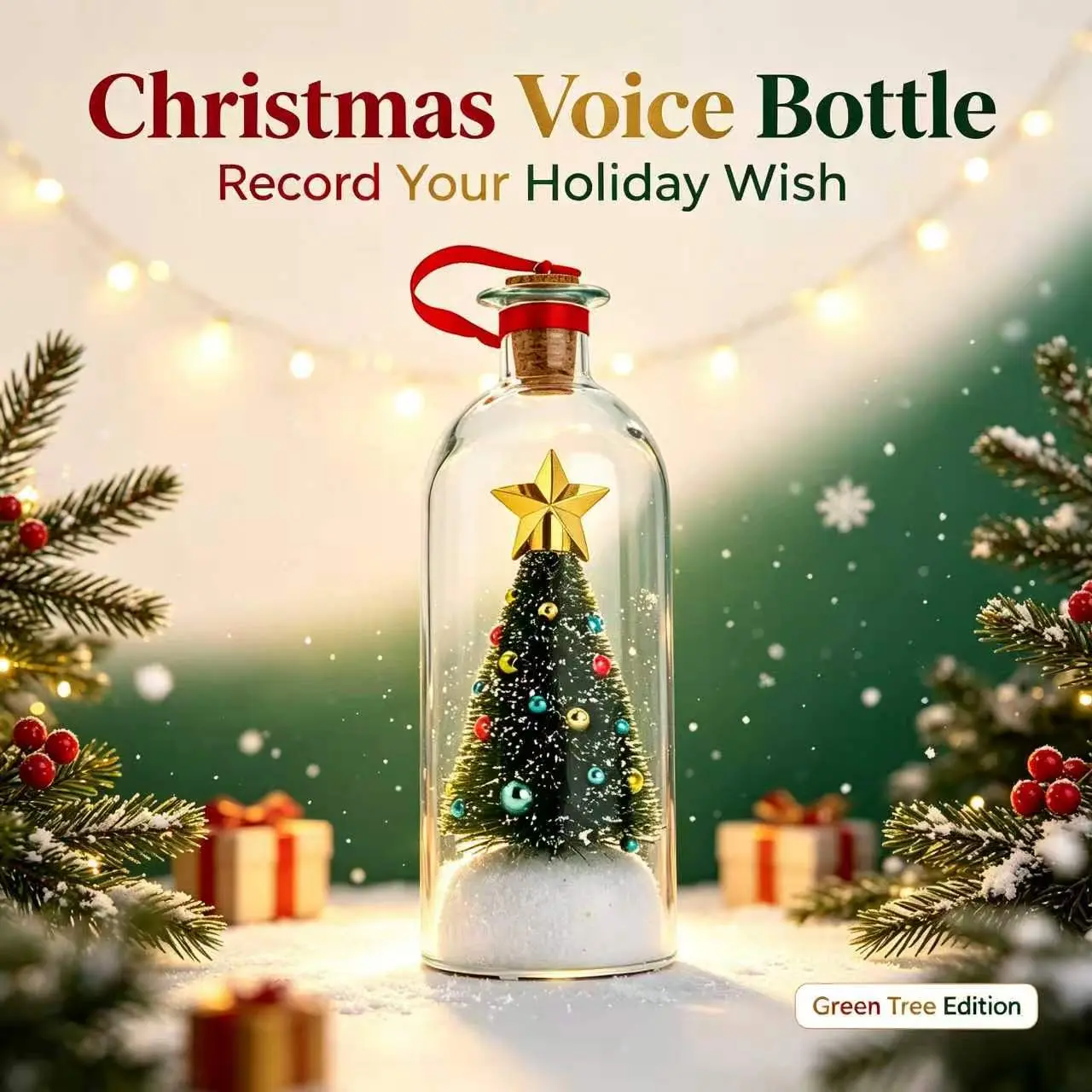 Mr. Christmas 8-in Recordable Christmas Tree Message In A Bottle - Voice-Recording Keepsake Ornament, Sentimental Family Holiday Gift, Glass Home Decor Souvenir