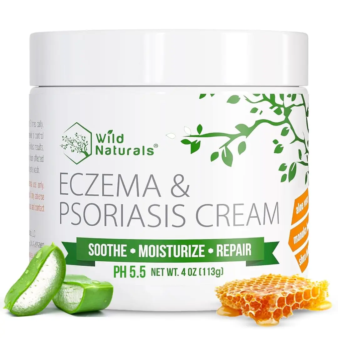 Wild Naturals Eczema & Psoriasis Cream for Soothing Relief Organic Moisturizer with Aloe Vera Manuka Honey & Shea Butter for Sensitive Skin Adults & Kids pH 5.5 Therapeutic Healing Oils Therapy Treatment
