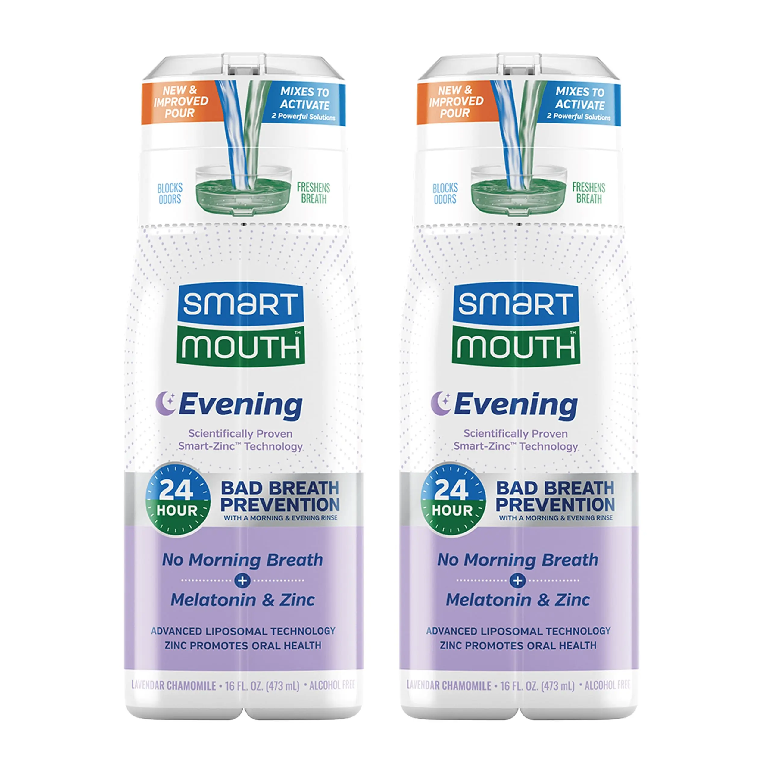 SmartMouth Advanced Liposomal Evening Mouthwash - No Morning Breath - Melatonin & Zinc - Dual-Solution Zinc-Activated Nighttime Mouthwash - Lavender & Chamomile - Alcohol Free - 16 fl oz, 2-Pack