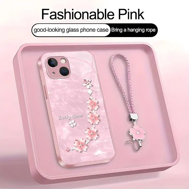 Suitable for [iPhone 13 Mini] high-end women's phone case🤩，a beautiful four-leaf clover lanyard is included🍀, exquisite and high-quality, affordable price, drop-resistant and fingerprint-proof YM99