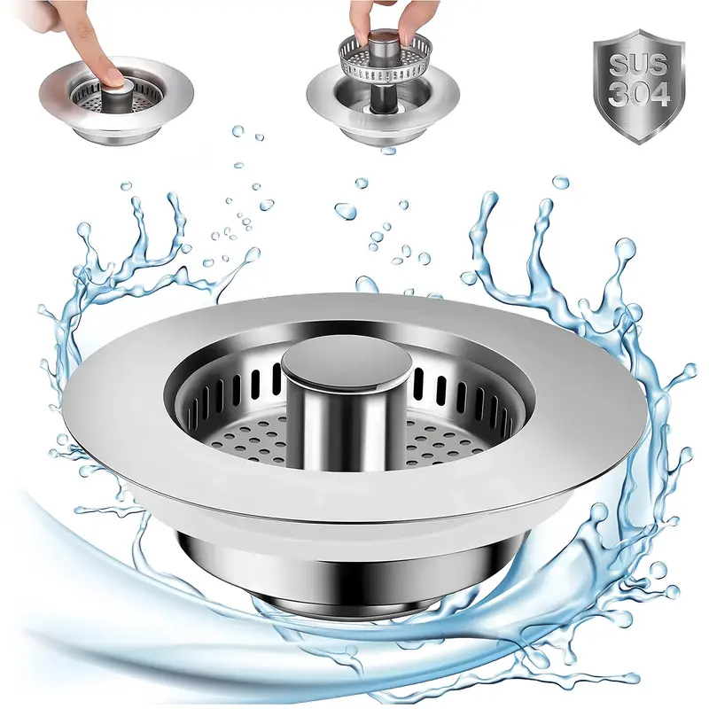 304 Stainless Steel 3-in-1 Kitchen Sink Drain Strainer, Sink Stopper, Deodorizing Anti-Clog Basket for US Standard 3-1/2 in Drains