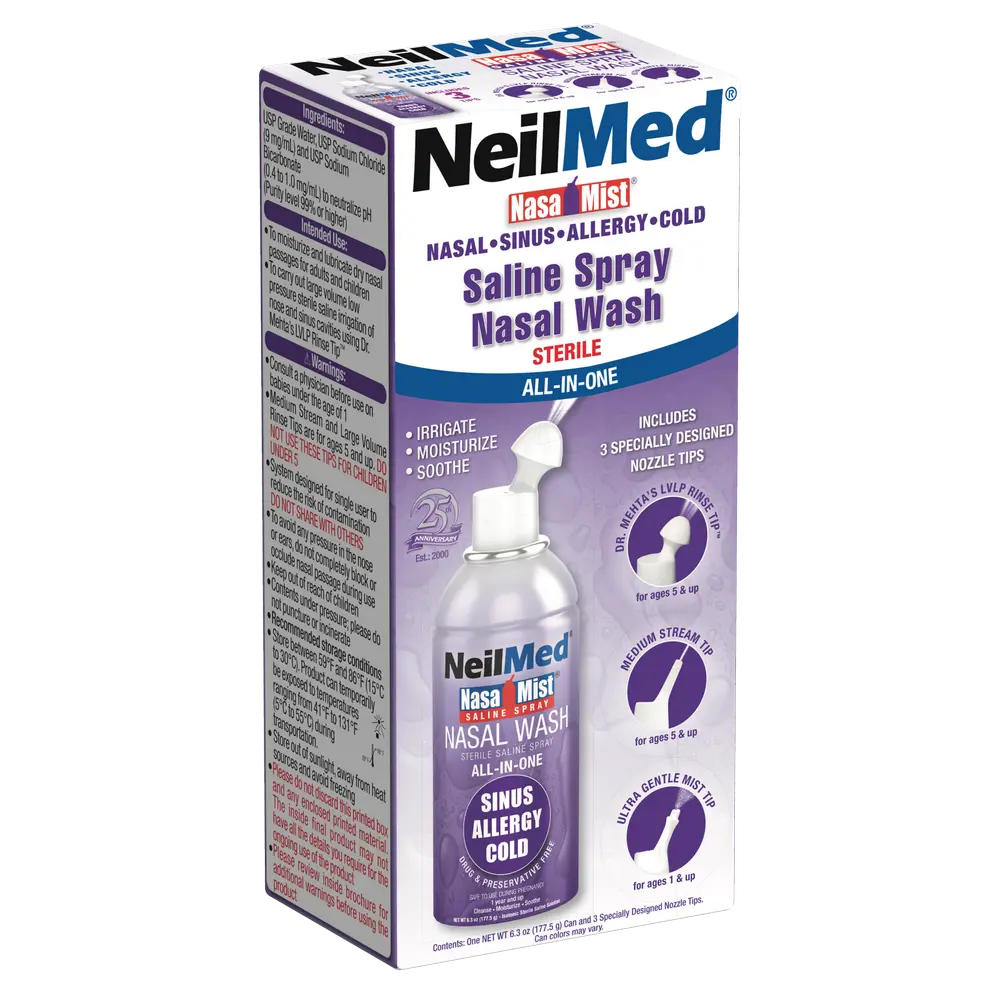 NeilMed NasaMist All-in-One Saline Spray Nasal Wash - 3 Specially Designed Nozzles for Irrigation, Deep Stream & Moisturizing Mist - Sterile, Preservative-Free - 6.3oz