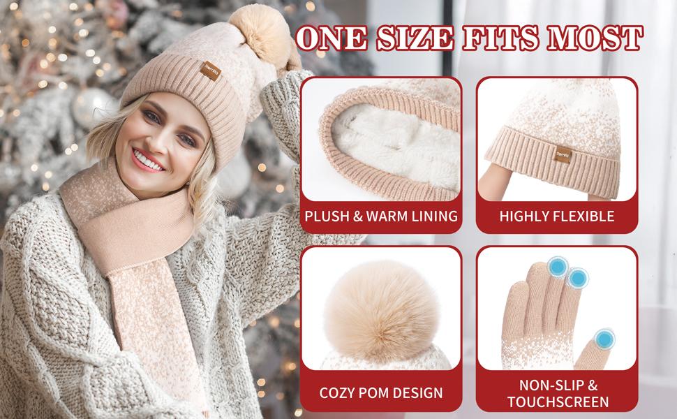 Winter Beanie Hat Scarf Touchscreen Gloves Set for Women Men, Warm Fleece Accessories Perfect 3 PCS Birthday Gift