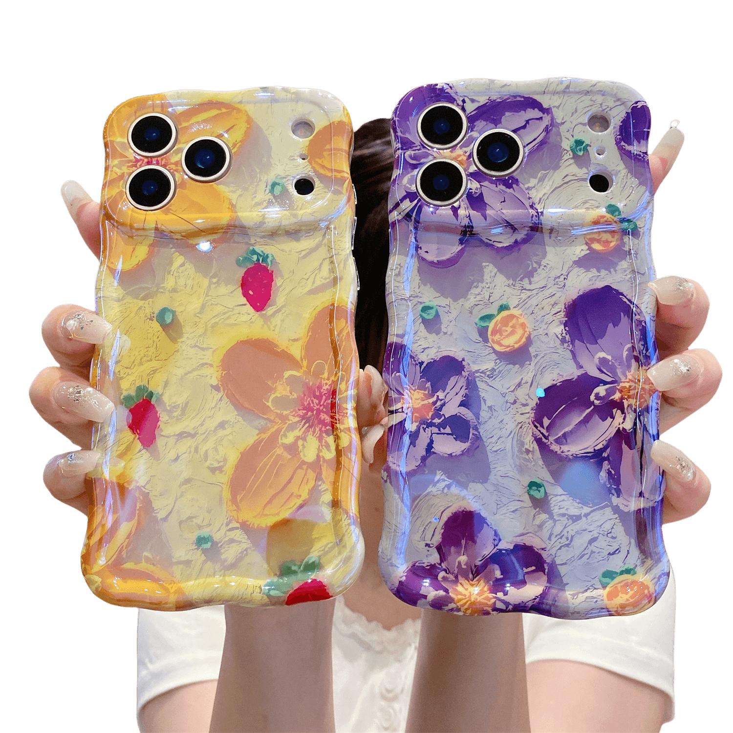 [Free!!Ship!] Retro Colorful Flower Case for iPhone 17 Pro Max 16 Plus 15 14 13 Laser Glossy Cute Curly Wave Frame Shockproof Protective Phone Cover