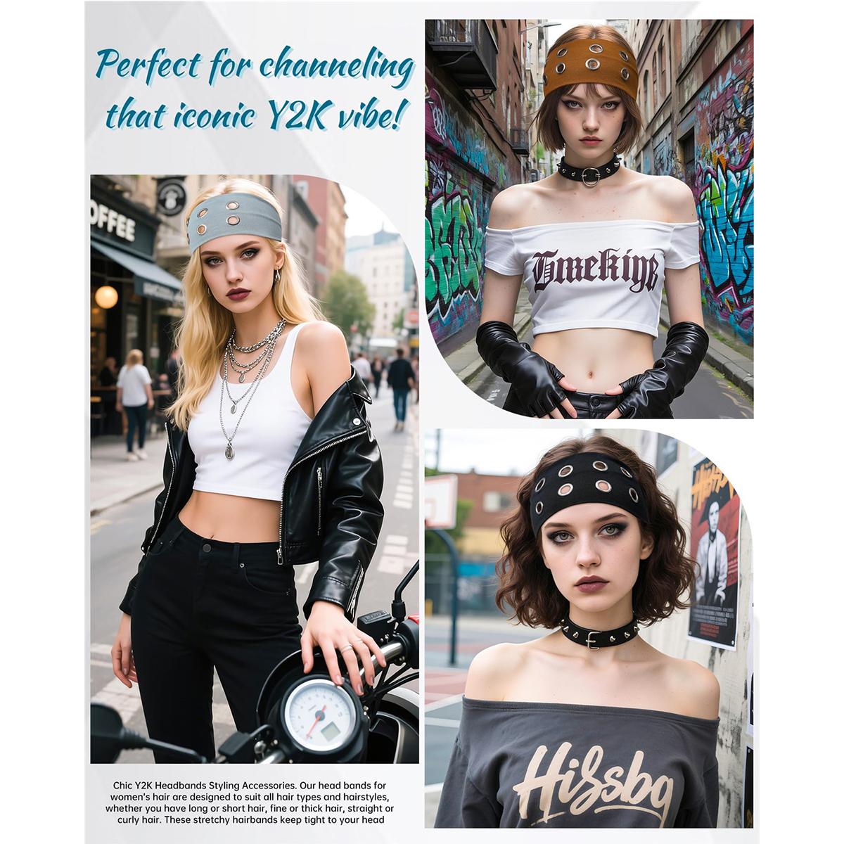 Punk Grunge Hollowed Out Metal Eyelets Wide Elastic Headband For Girl Women Rock Style Steampunk Stretchy Headbands Hair Accessorie