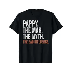 Men's Plus Size Black Casual Crew Neck T-Shirt - PAPPY The Man The Myth The Bad Influence, Distressed Bold Lettering, Humorous Graphic Tee for Everyday Wear Crewneck Menswear Tshirt