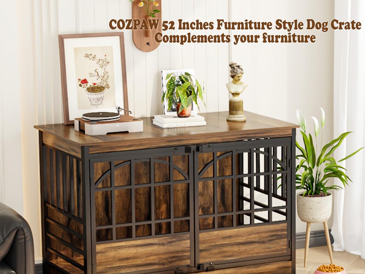 COZPAW Heavy Duty Dog Crate Furniture, 52 Inch Wooden Dog Kennel Indoor for XLarge Breed, Dog Crates for Large Dogs with Double Doors, Decorate as House TV Stand, End Table-White Brown