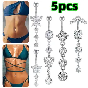 5 pcs Silver Stainless steel zircon Belly Button Rings Hypoallergenic Navel Belly Button Piercing Jewelry Dangle Belly Button Rings for Women Fashion Accessories