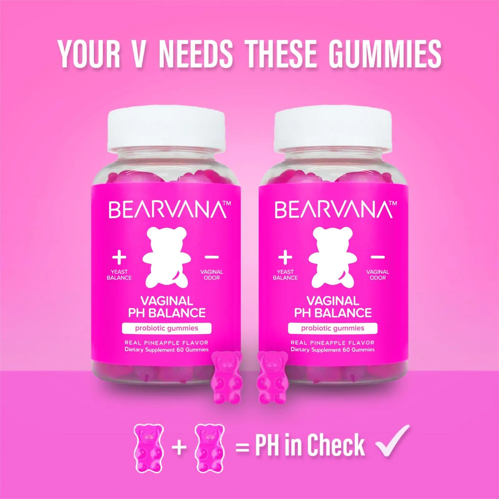 BEARVANA pH Balance Gummies Double Pack | Women's Daily Probiotic Gummies | Real Pineapple Flavor | Vaginal Health & pH Support | Two Month Supply | 120 Gummie