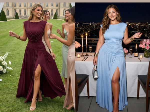 CurvySweet Athena Women's Elegant Curvy Maxi Dress, Sleeveless Convertible Cowl Neck, Ruched Waist Slim Fit Gown for Formal Wedding Guest, Formal Dresses Women, Wedding Guest Dresses sohochic