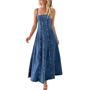 Chouyatou Women's A-line Adjustable Ripped Denim Suspender Dress  Long Denim Suspender Dress