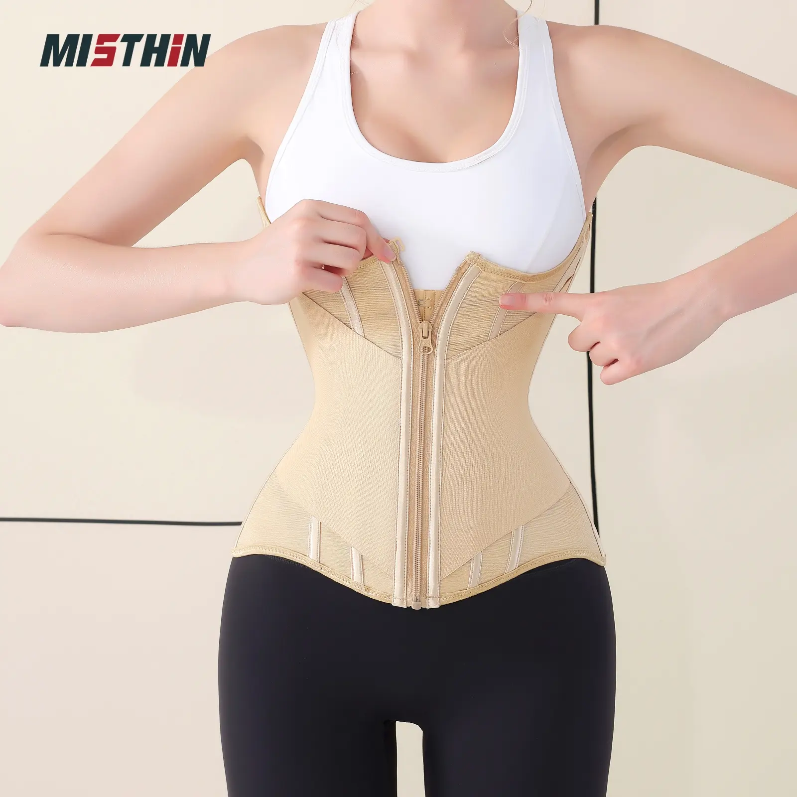 MISTHIN Waist Trainer for Women, Minimalist 3-Layer Athletic Compression Girdle with Zipper for Tummy Control and Body Sculpting
