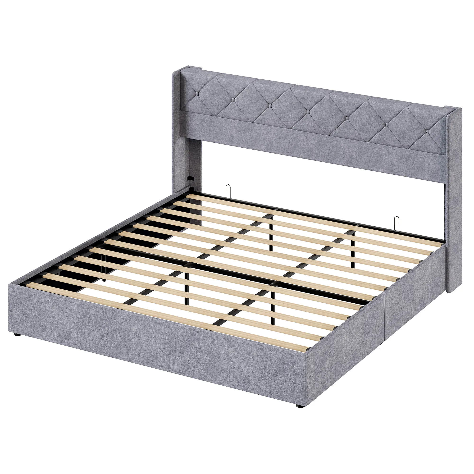 Upholstered Storage Bed with Hydraulic Lift, Winged Headboard & Heavy-Duty Frame - Silent Platform Bed with Large Underbed Storage