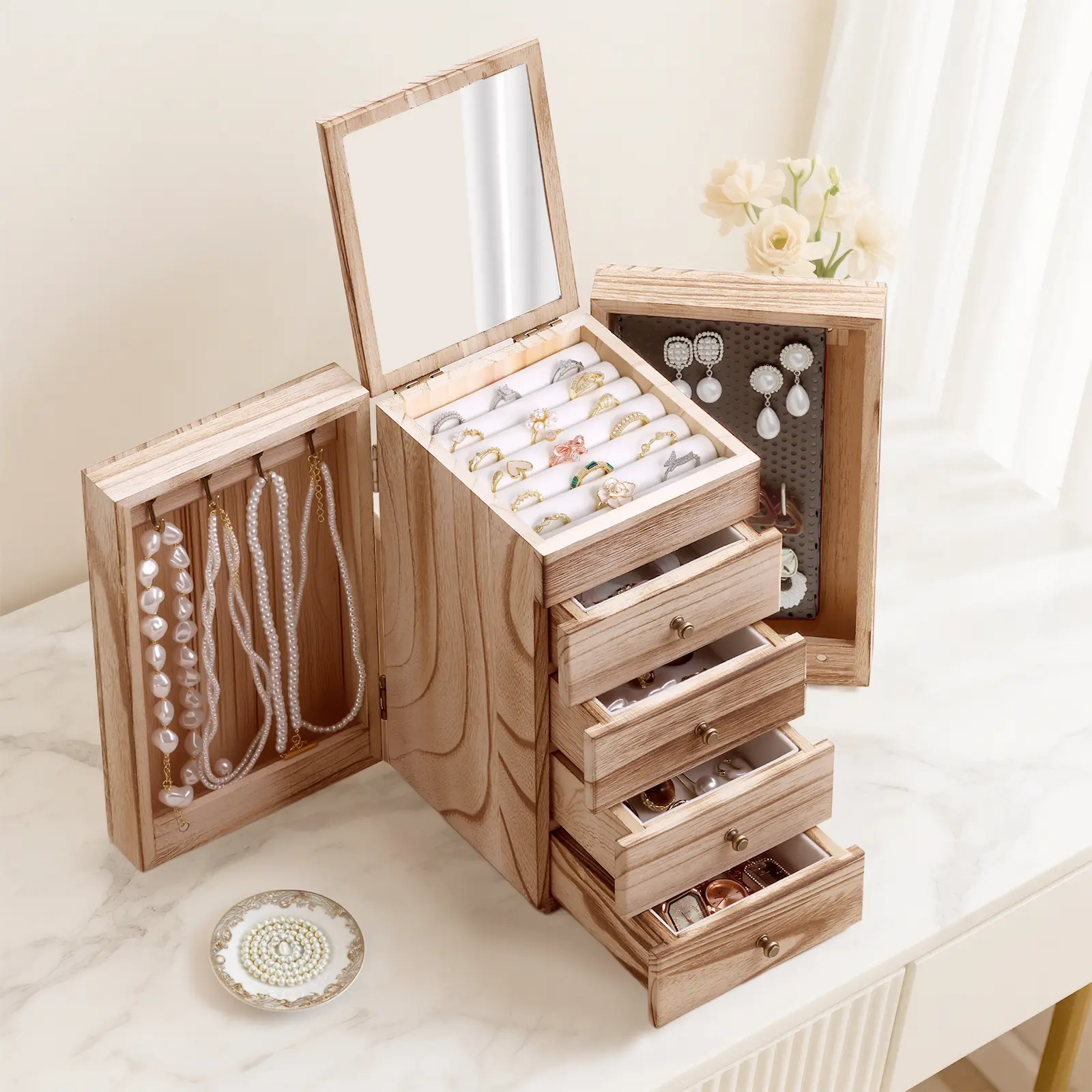 Vintage Retro Wooden Jewelry Organiser - 5-Layer Rectangular Tabletop Storage Box with Mirror, Drawers & Metal Display Stand, for Dresser Organization, House Reset, Women's Rings, Earrings, Necklaces, Bracelets, Large sohochic