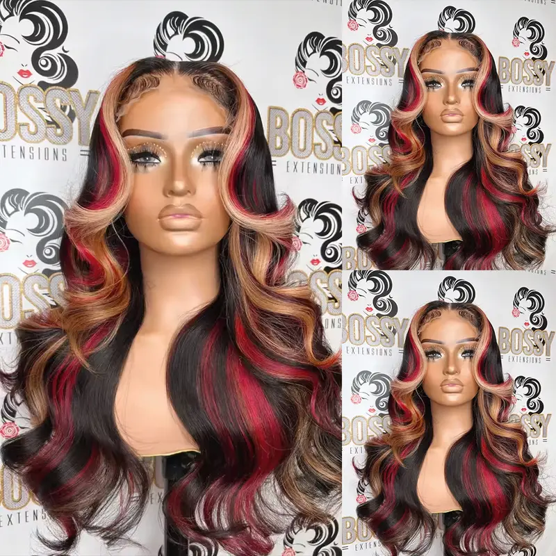 QD-Tizer Blonde Red and Black Color Synthetic Lace Front Wigs 13x4 Lace Area Blonde red Highlights color on Black Hair Long Wavy Curly Hair Wigs for Women Body Wave Hairstyle Glueless Pre PLucked Suitable for Daily Wear Cosplay Halloween Party