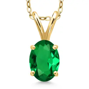 0.60 Ct Oval Green Nano Emerald 18K Yellow Gold Plated Silver Pendant with Chain