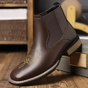 Men's Chelsea Boots Embroidered Slip-On Shiny Vintage Western Cowboy Boots British Style Rider Boots Footwear Walking Shoes