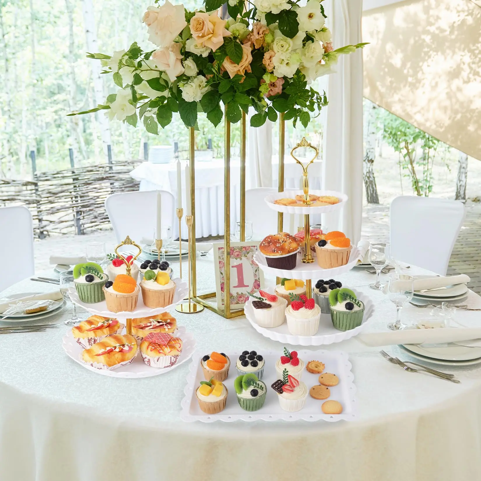 Garvee Set of 14 Dessert Stands Including 4 Tiered Cake Stands (3-Level and 2-Level) Plus 6 Rectangular Appetizer Trays and Sturdy Plastic Plates for Cupcakes, Donuts, and Fruits