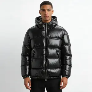 Mens Shiny Puffer Jacket Zip Up Hooded Coat Thick Cotton Padded Outerwear Warm Winter Streetwear Fashion Casual Loose Fit Clean Look Windproof Thermal Jacket With Side Pockets Stylish Minimalist Design For Cold Weather Comfort