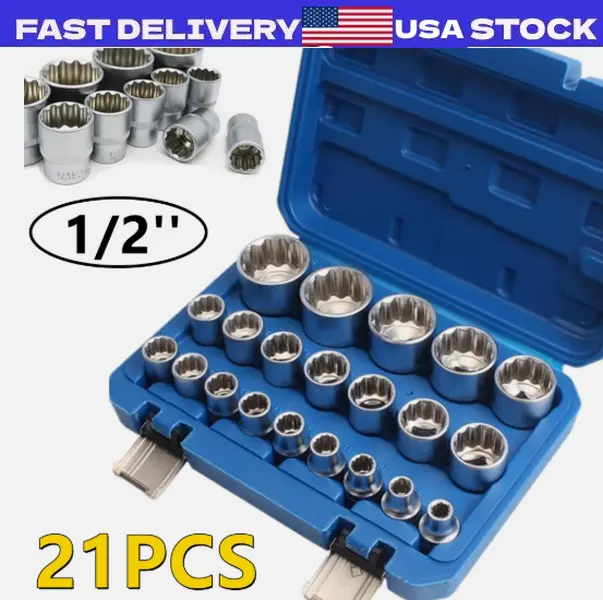 21Pcs 1/2" Drive Universal Spline Socket 12-point 8-36mm CR-V Metric Socket Set