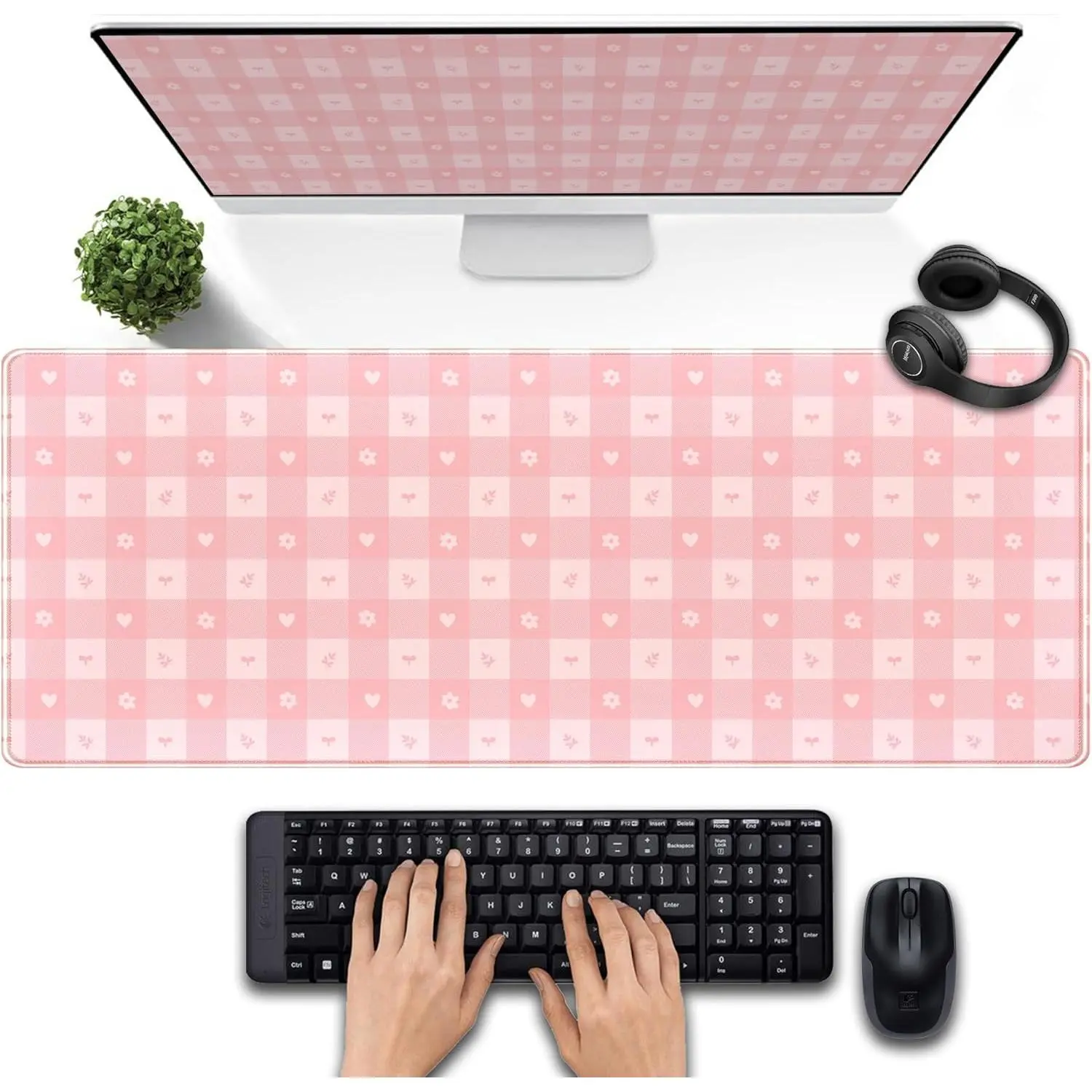 Pink Minimalist Gingham Floral Desk Mat Gaming Mouse Pad Large Cute Pastel Desk Pad Deskmat Kawaii, Women Office Desk Cover Mat, Laptop Computer Keyboard Mat Mousepad Desk Accessories 24"x14"