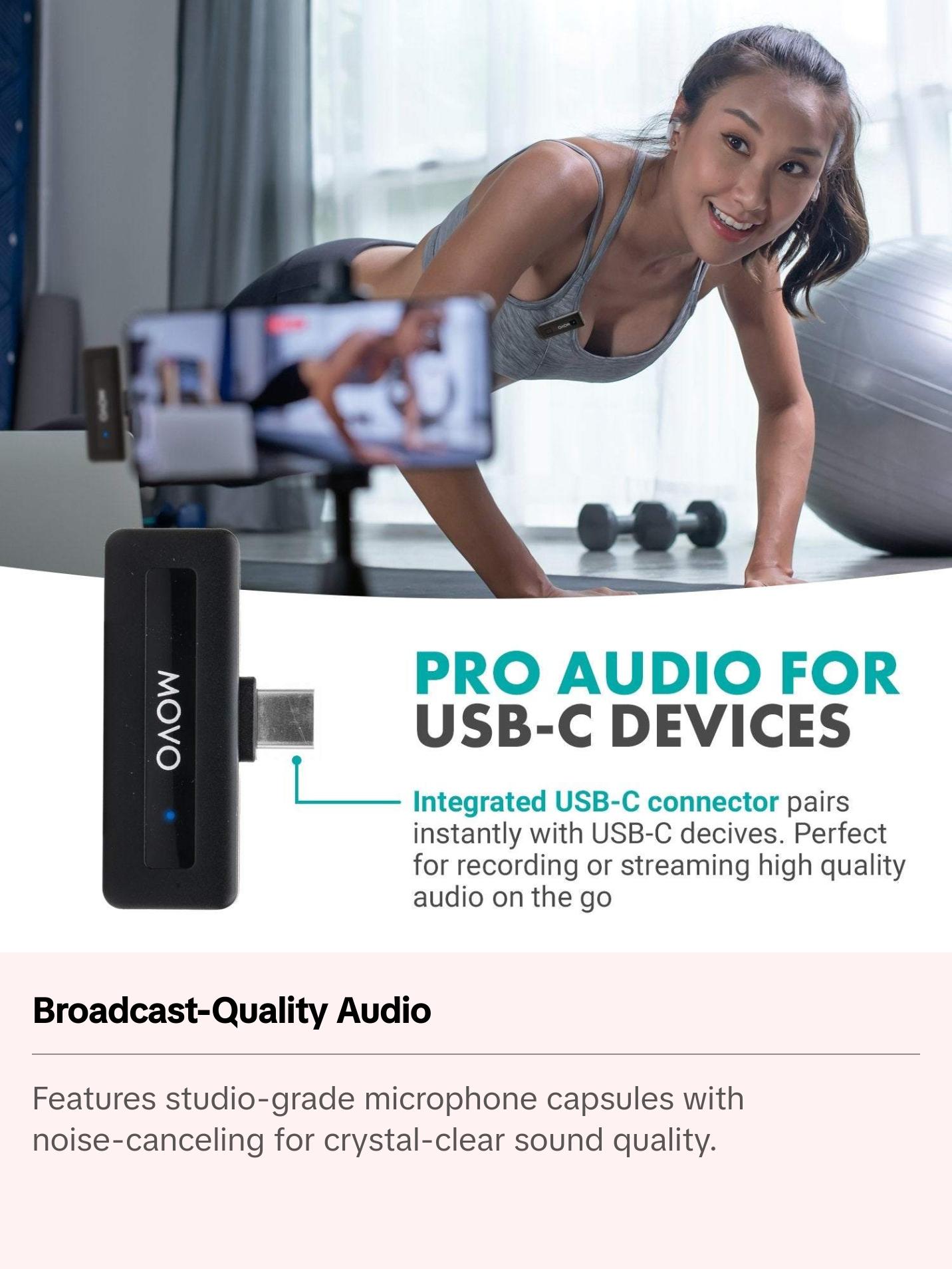 Movo Wireless Mini USB-C Microphone System | Pro Lapel Mic with Noise Cancellation, Long-Range for Android & USB-C Devices