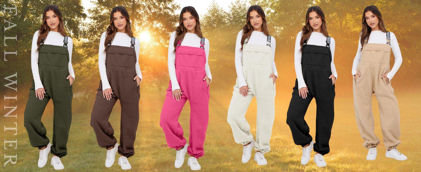YeeZaa Fleece Sherpa Overall Fuzzy Loose Fit Bib Pants with Adjustable Straps Zippered Pockets - 2026 Fall/Winter Warm Women's Casual Thermal Baggy Buckle Jumpsuit SpringStatements