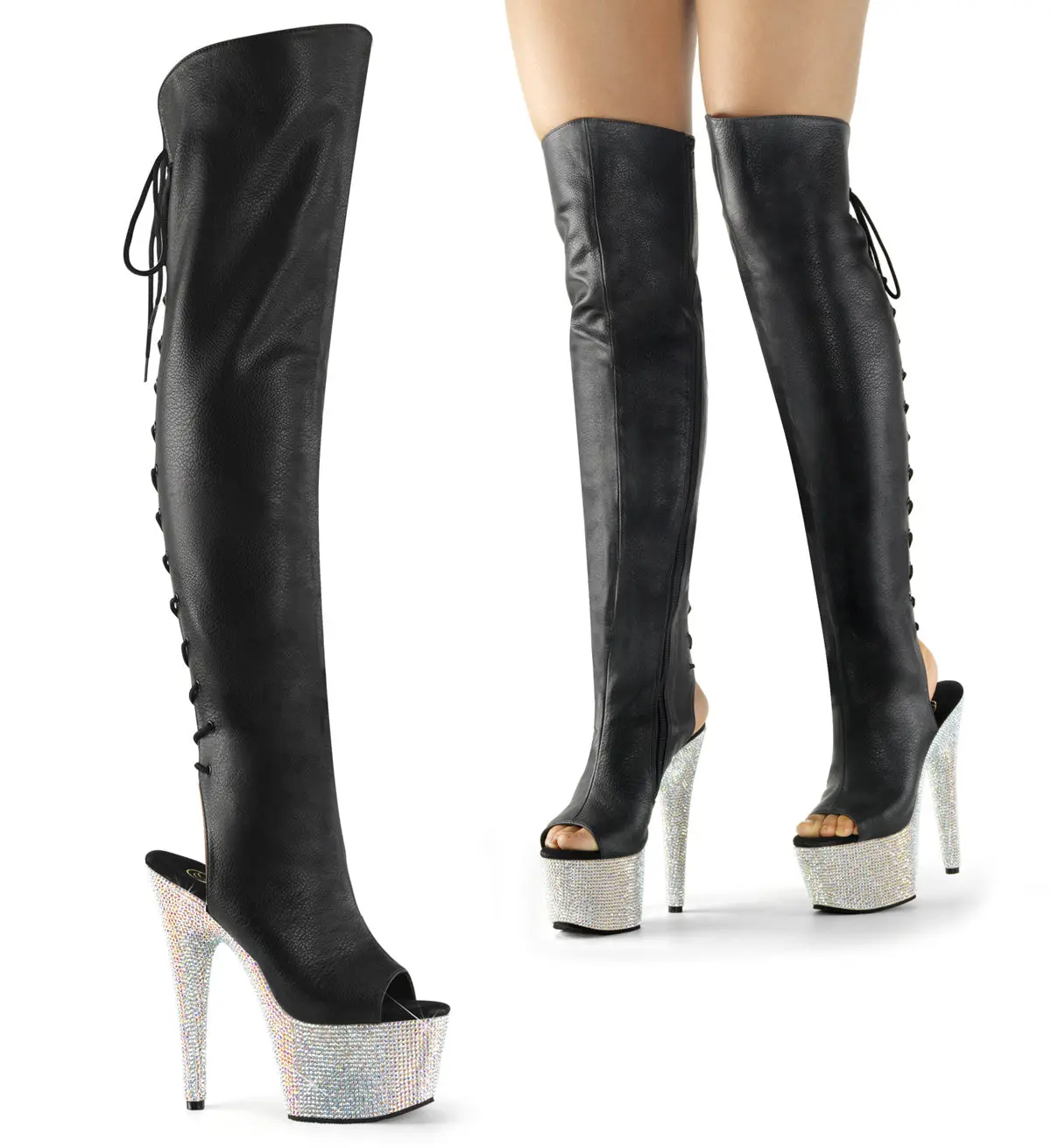 Women's Bejeweled-3019DM-7 Thigh High Boots, Synthetic Lace-Up Silver Platform Shoe with Open Toe and 7" Heel