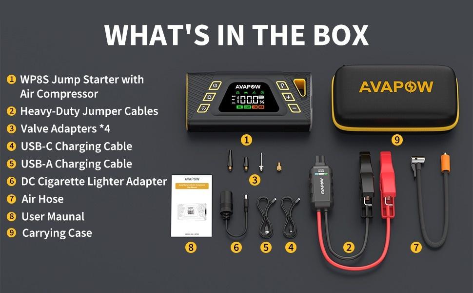 [6in1]24000mAh Jump Starter with Air Compressor,12V 150PSI Car Jump Box(for All Gas/10L Diesel),PD30W Type-C IN/OUT,2 USB output ports,800-LUMEN LED&3 modes Lights