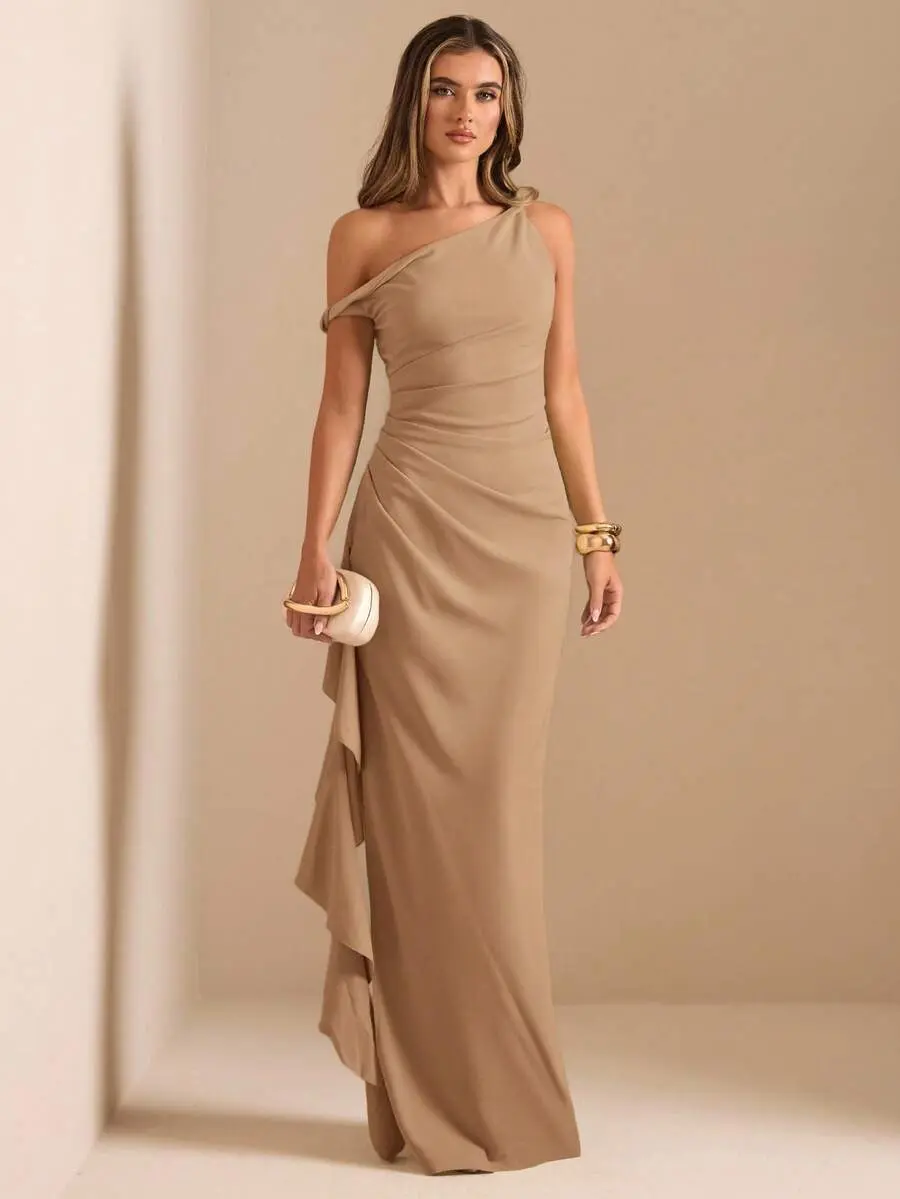 Elegant Summer Camel Bridesmaid Dress For Dining, Oblique Shoulder Twist Knot Pleated High Slit Ruffle Wrap Long Dress Women's Sage Green Party